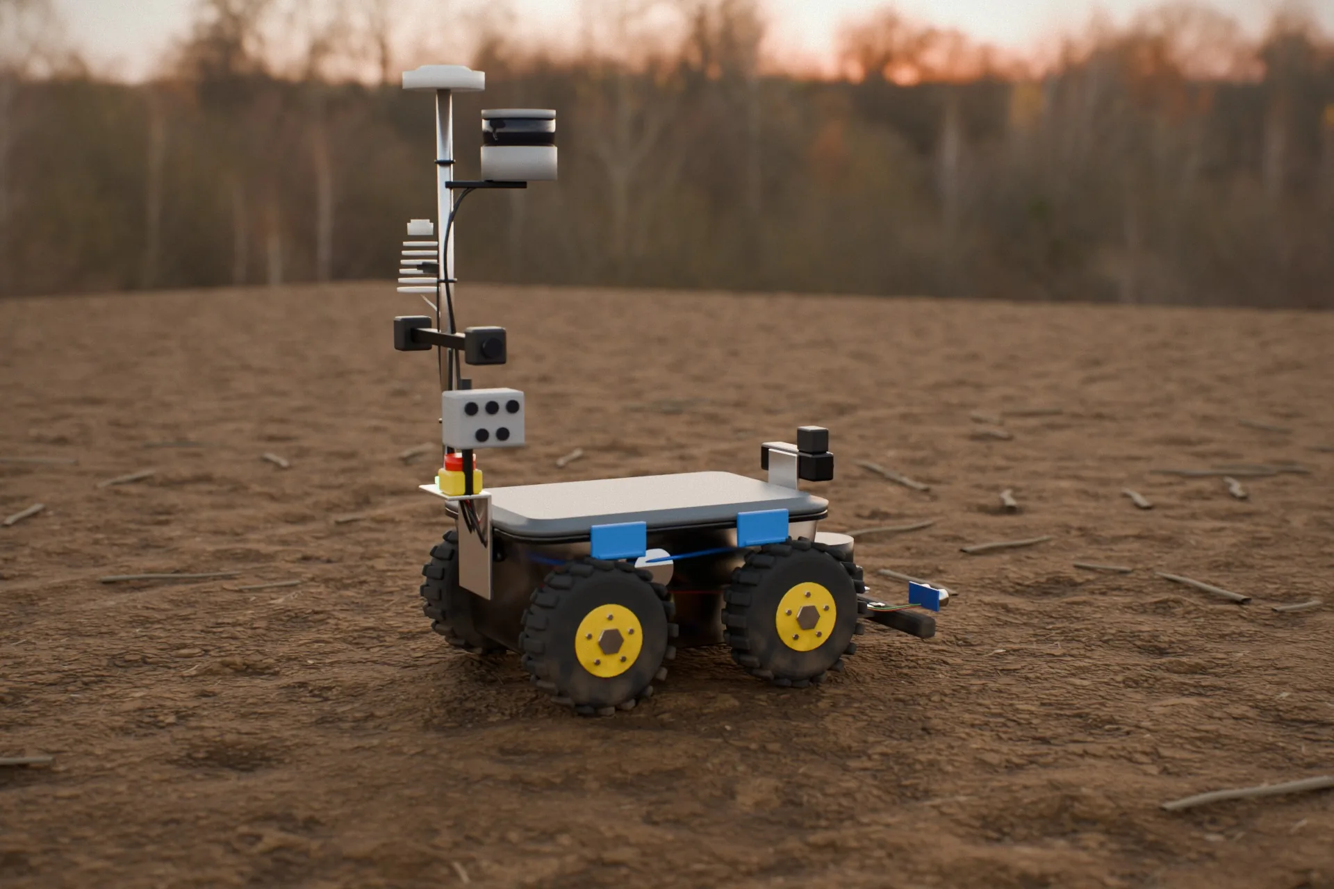 The Prism Rover working between crop rows in a field
